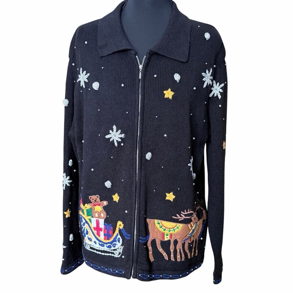 Vintage designers studio cotton ramie Christmas zip cardigan sweater Santa large